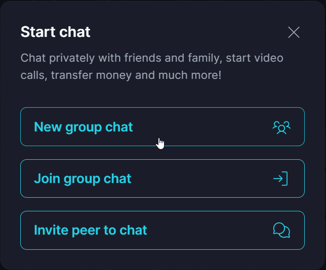 Personal Group ๐ ยท In the pop-up, select 'New group chat' Keet app screenshot: In the pop-up, select 'New group chat'.